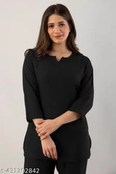 Women's black rayon short kurta with pant set, printed pattern, various sizes available (India origin)